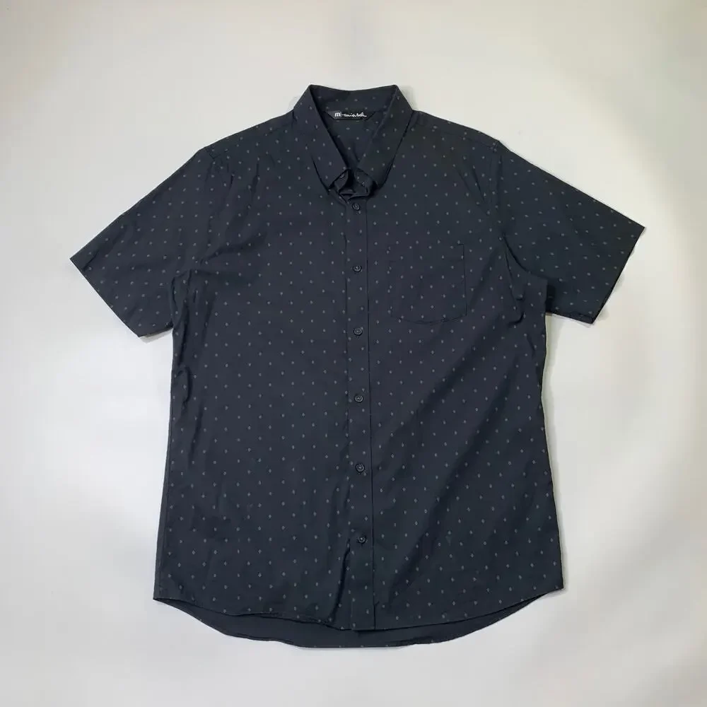 Travis Mathew Shirt Mens L Large Black Curved Shirttail Hem Point Collar Pocket